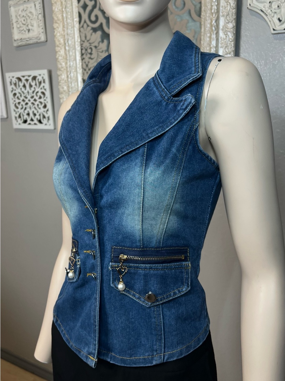 Fitted Blue Denim Button Vest Top with Decorative Zippers